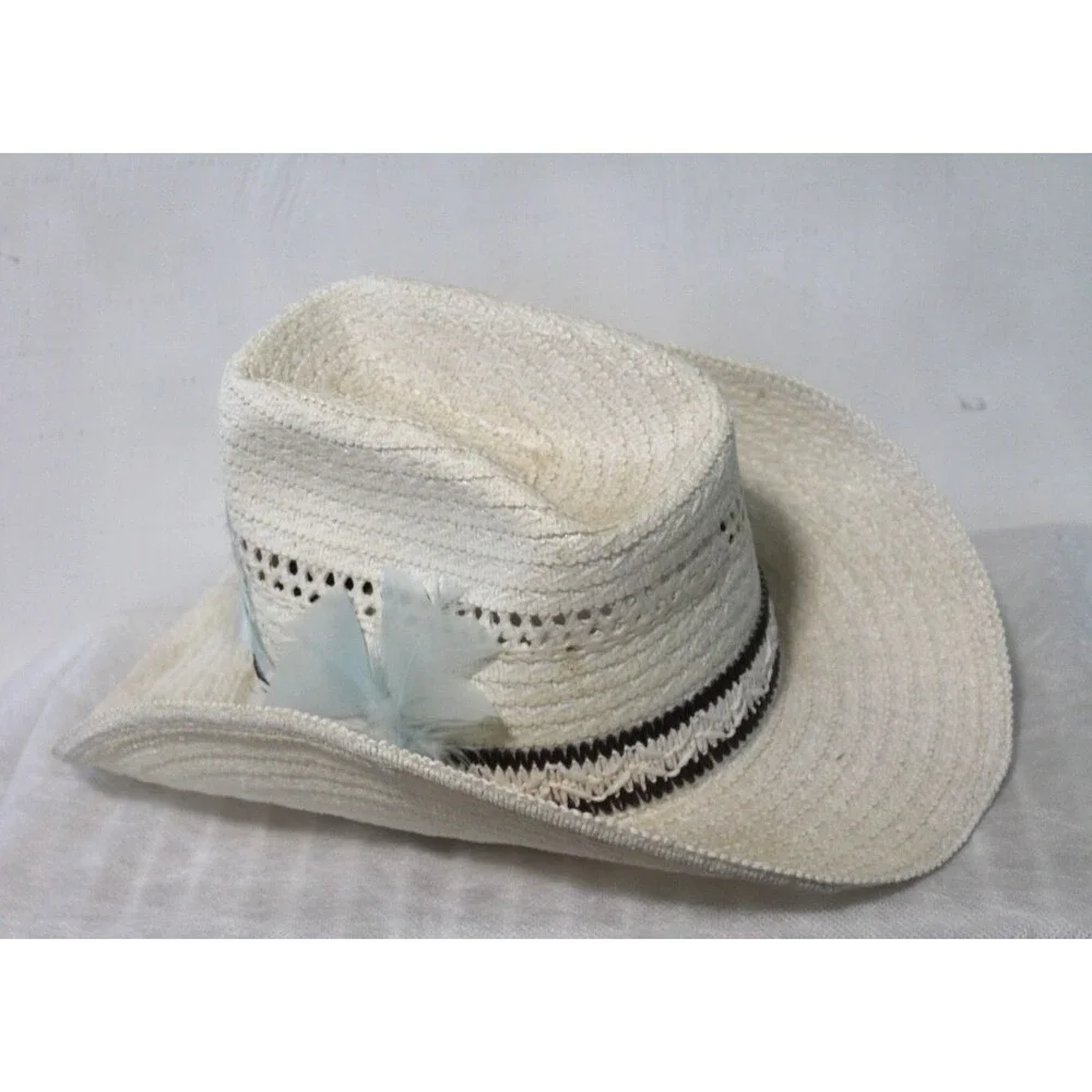 Cowgirl Hat, Tan Straw Rancher Feather Brim Trim White Tan Medium 6 7/8